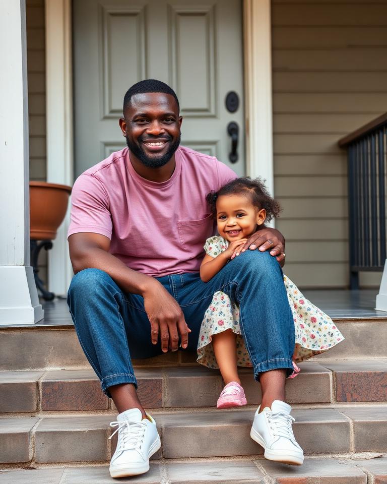Devon with his daughter outside their family home